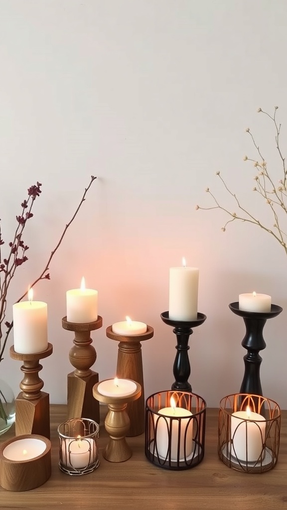 A collection of various DIY candle holders made from recycled materials, featuring wooden and metal designs with lit candles.