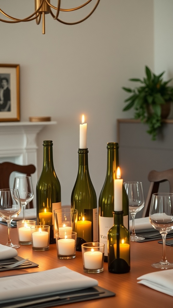 A table set with wine bottle candle holders and small candles.