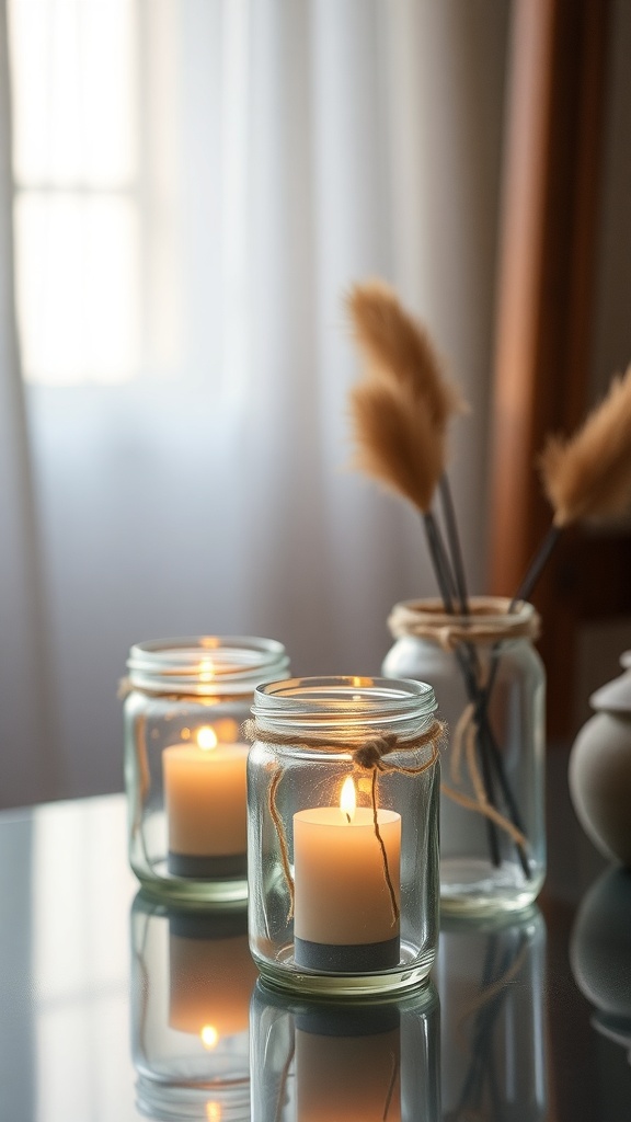 Three DIY candle holders made from glass jars with candles inside, decorated with twine.