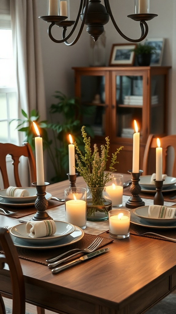 A cozy dining table set with candles and decorative elements.
