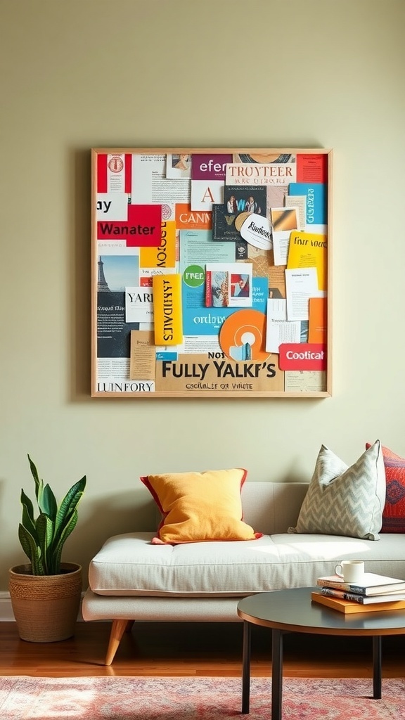 A colorful DIY collage art piece framed and displayed on a wall above a couch with decorative pillows.