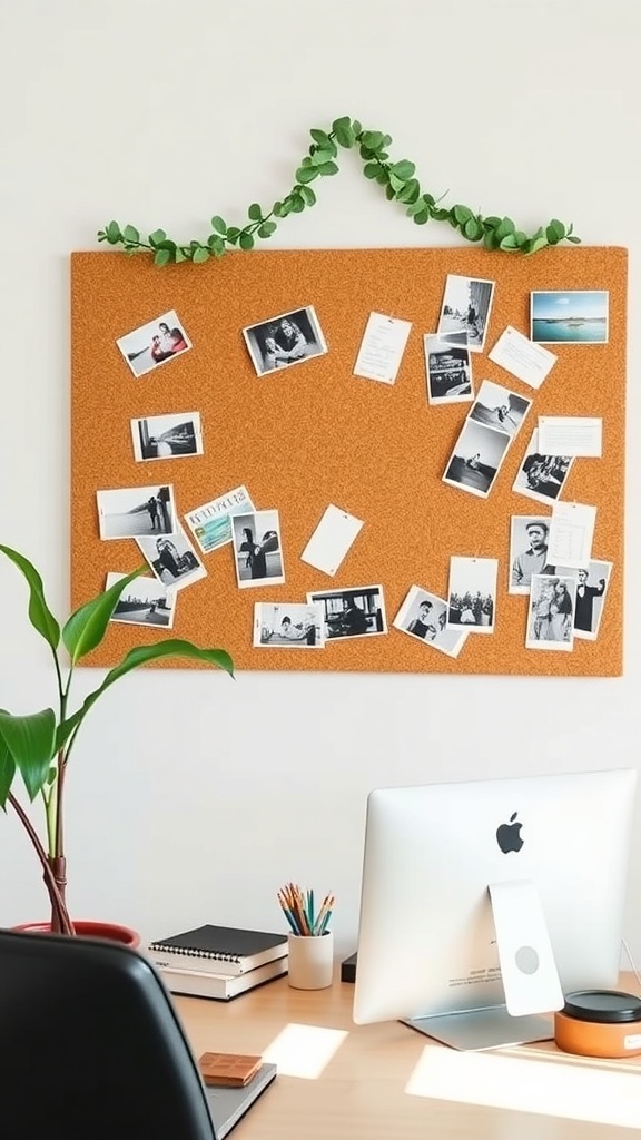 A cork bulletin board filled with photos and notes, decorated with a green vine, above a desk with a computer and stationery.