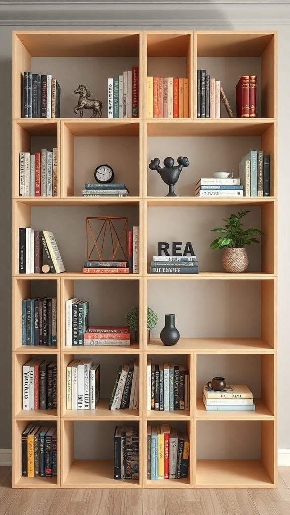 A modern DIY cube bookshelf filled with books and decorative items.