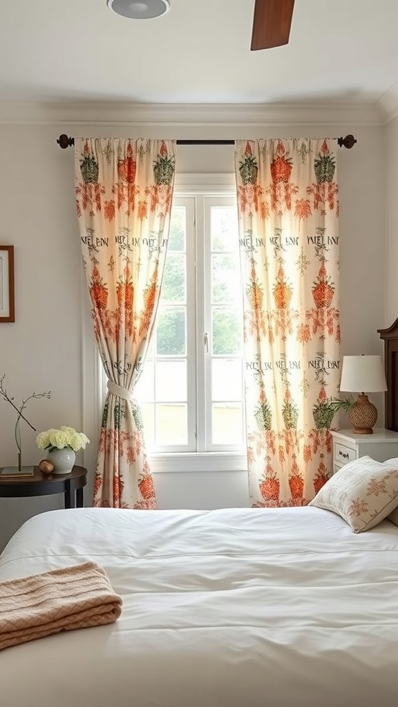 A cozy bedroom featuring patterned curtains with a botanical design, enhancing the decor.