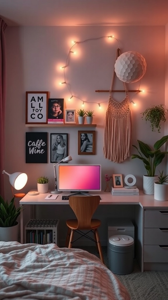 Aesthetic teen girl bedroom with fairy lights, plants, and a cozy decor setup.