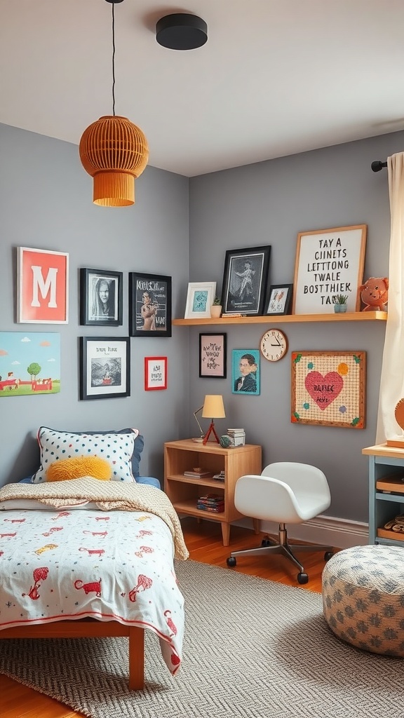 A cozy kids bedroom with gray walls, colorful decor, and a comfortable bed.