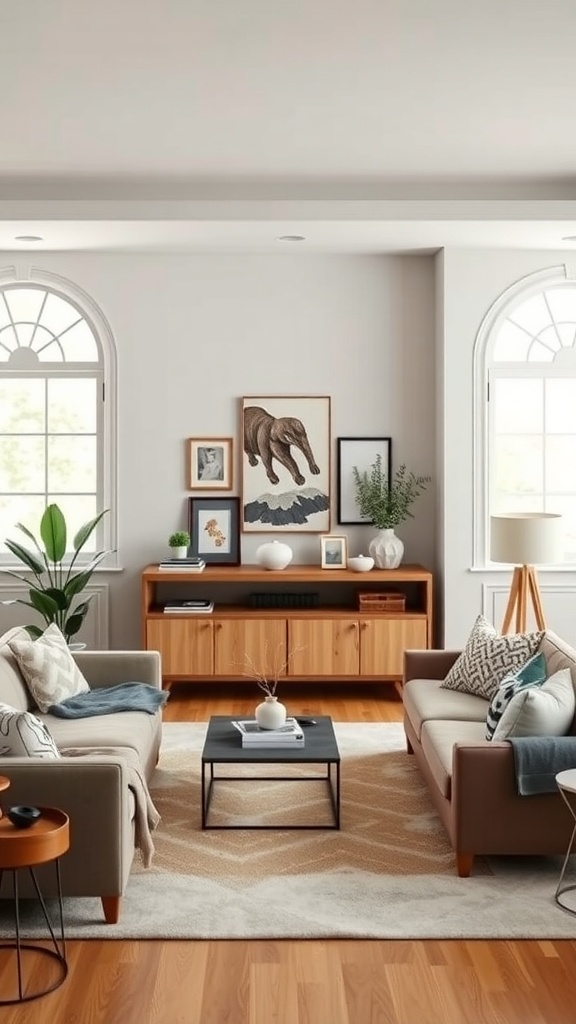 A stylish living room featuring two sofas, a coffee table, and decorative wall art.