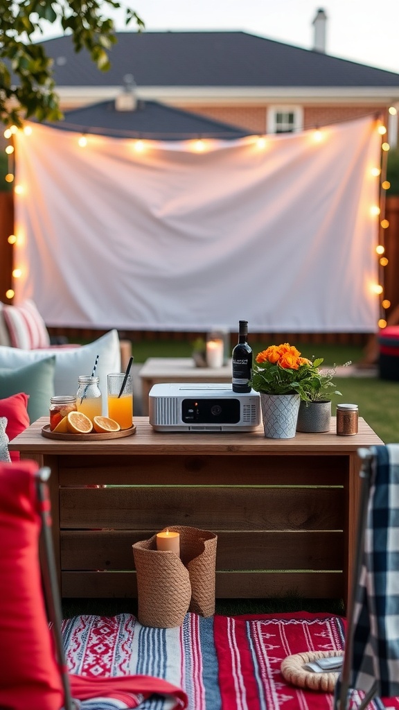 A cozy outdoor drink station with colorful beverages, a projector, and a warm atmosphere.
