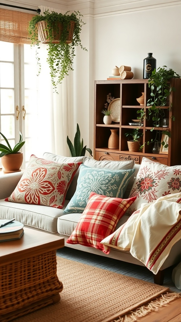 A cozy living room with colorful fabric cushion covers on a sofa.
