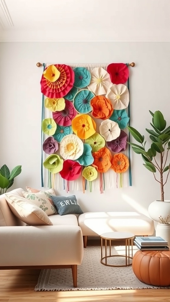 Colorful fabric wall art featuring flower designs, displayed in a cozy living room setting.