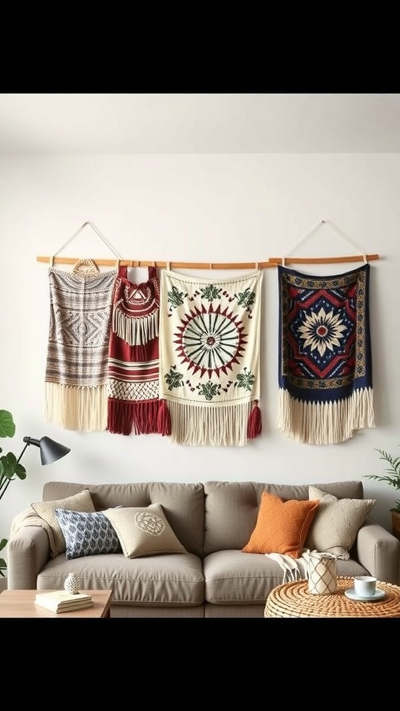 A cozy living room with fabric wall hangings in various patterns and colors.