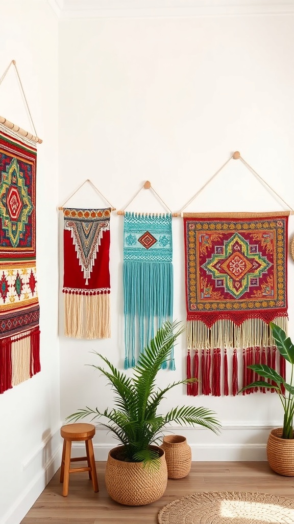 Colorful fabric wall hangings displayed on a white wall, with plants and natural decor elements.