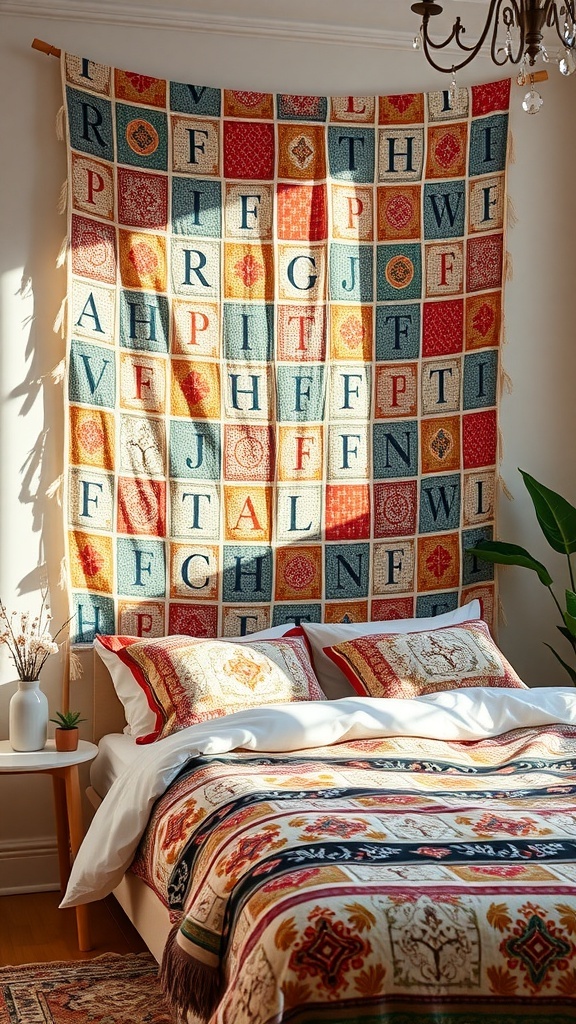 Colorful fabric wall hanging with letters and patterns, displayed above a bed with decorative pillows.