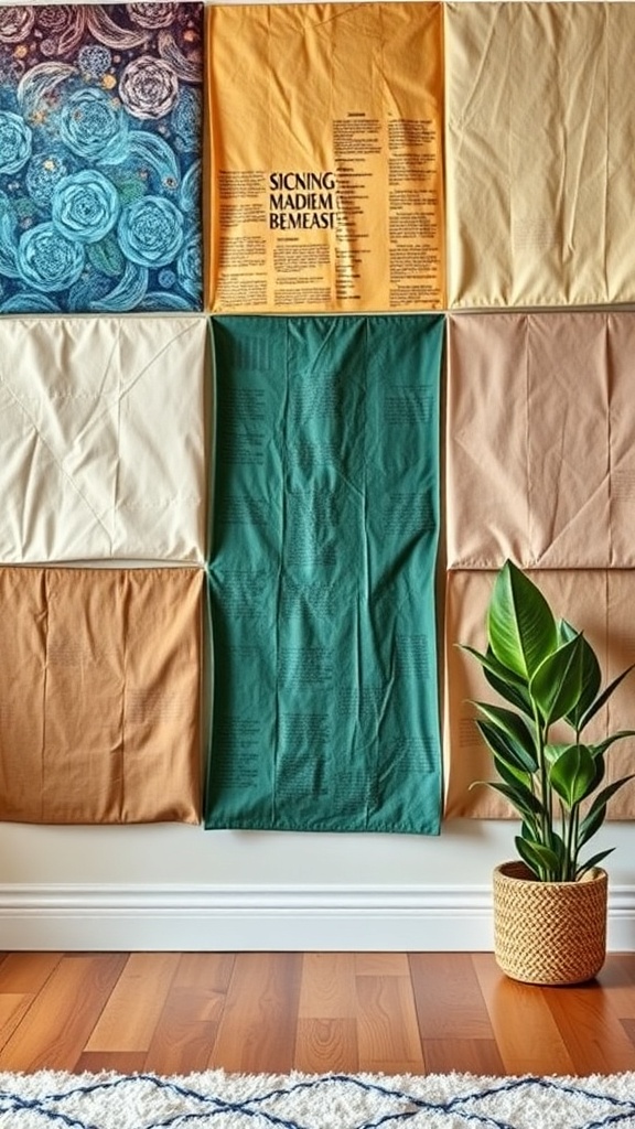 Colorful fabric wall panels in a grid pattern with a plant in a pot beside them.