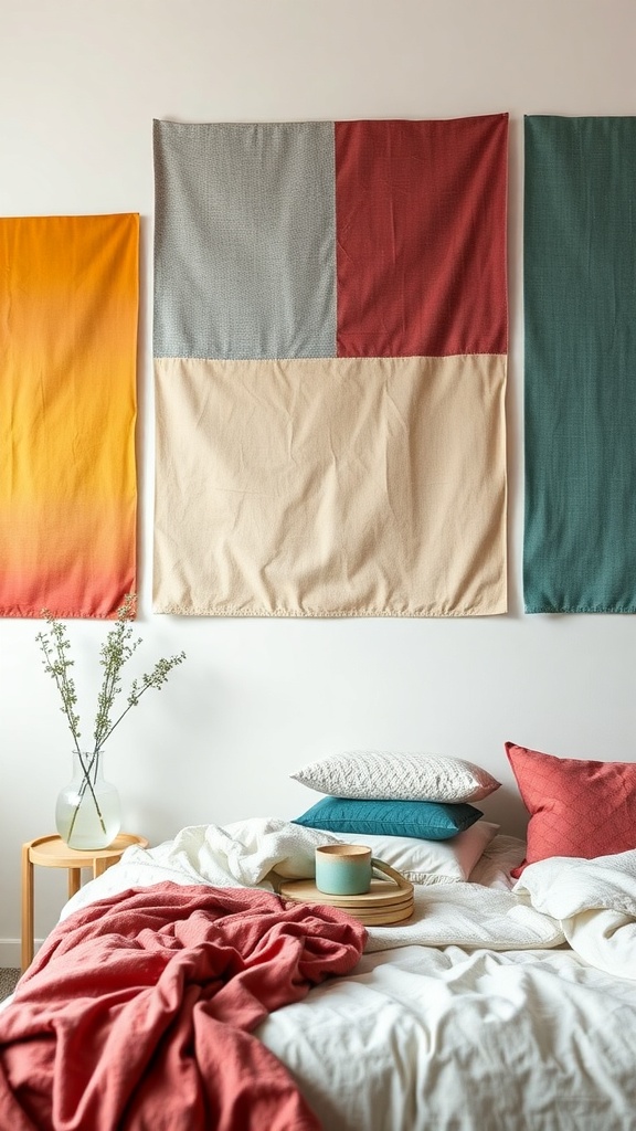 Colorful fabric wall panels in a cozy bedroom setting.