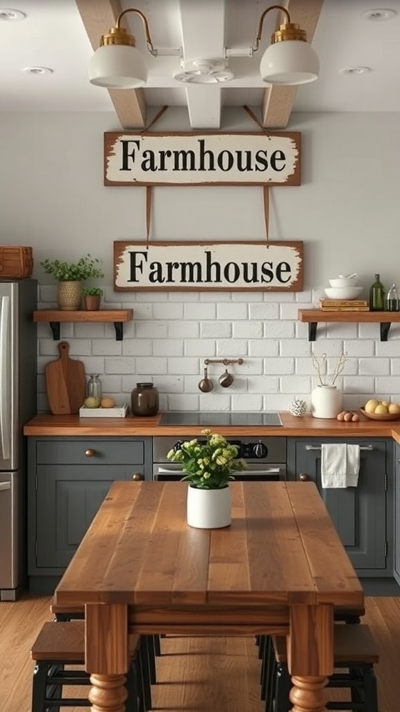 Two farmhouse signs hanging in a kitchen, adding rustic charm to the decor.