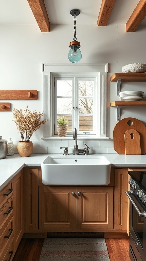 A rustic kitchen featuring a white farmhouse sink, wooden cabinets, and a vintage-style faucet.