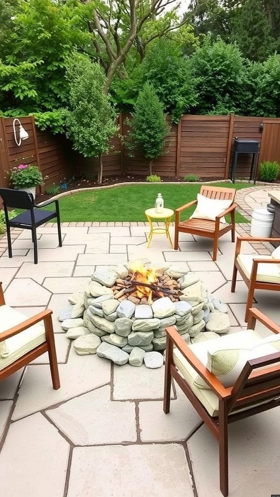 A cozy DIY fire pit surrounded by wooden chairs on a minimalist patio.