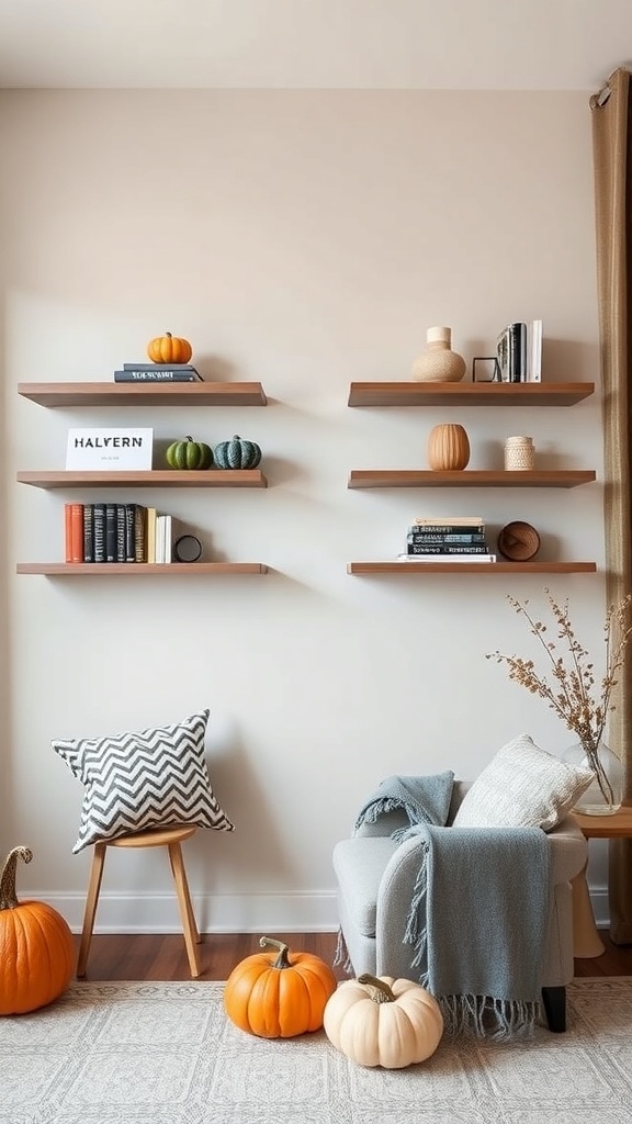 Stylish floating shelves with books and decorative items in a cozy living room setting.