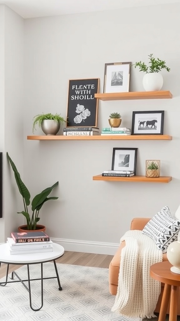 A cozy living room featuring DIY floating shelves with plants and decor.