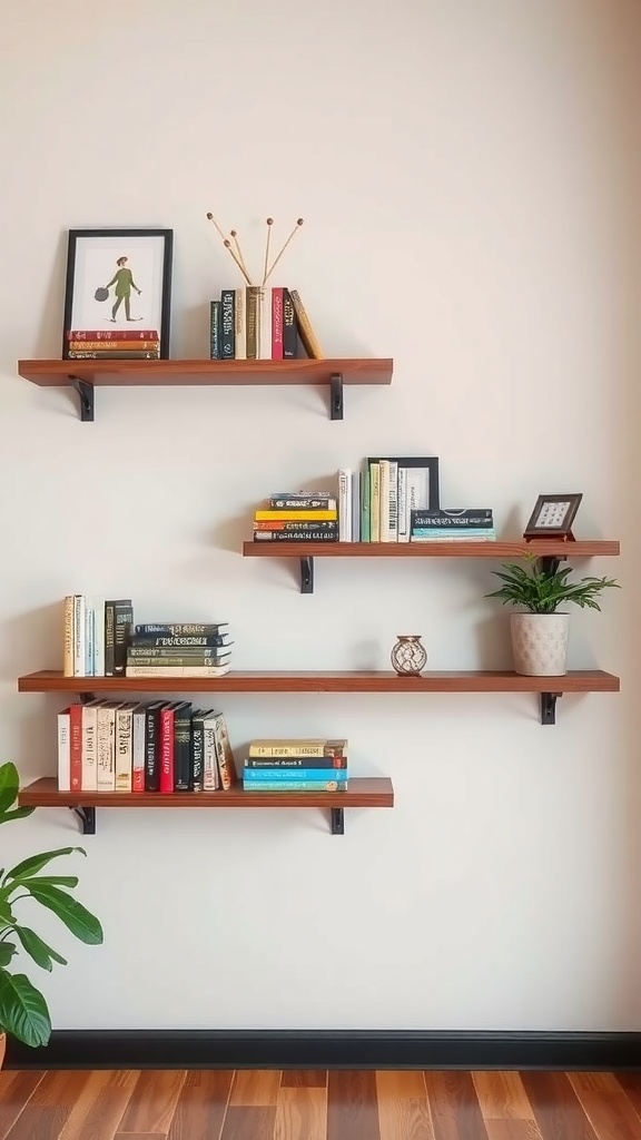 A set of stylish floating shelves displaying books and decorative items on a wall.