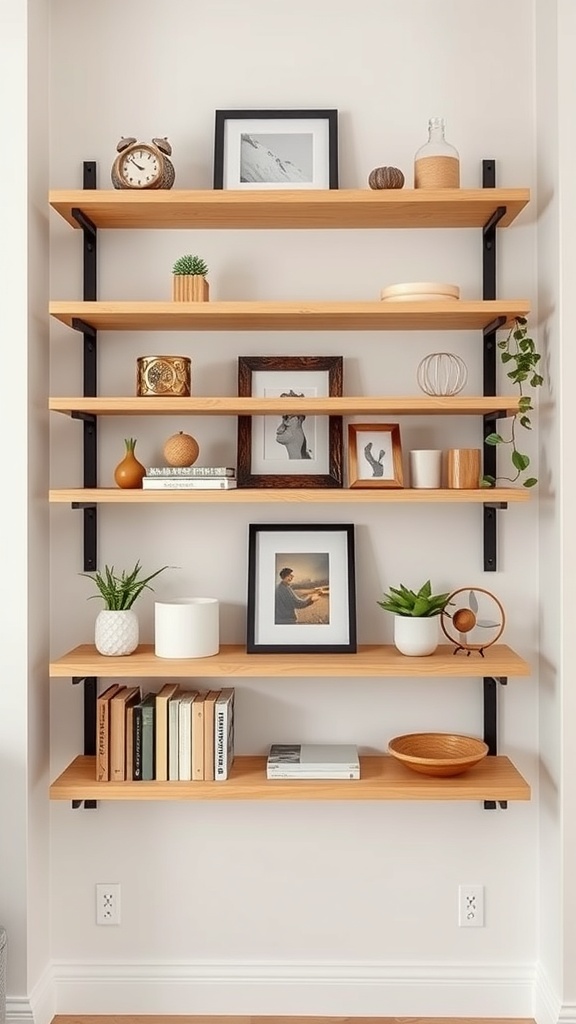 A set of minimalist floating shelves displaying books, plants, and decorative items.