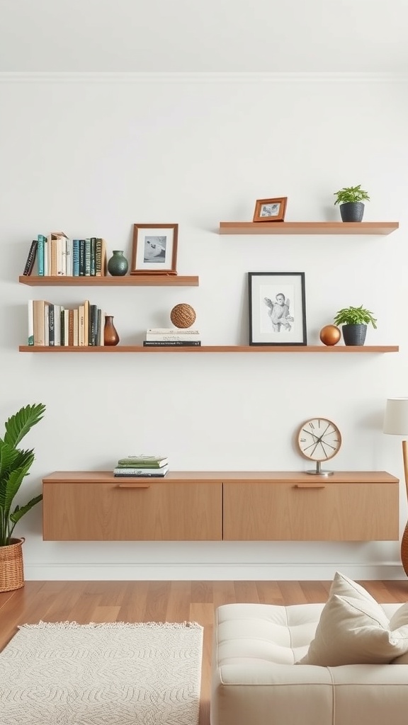 A stylish living room featuring floating shelves with books, plants, and decorative items.