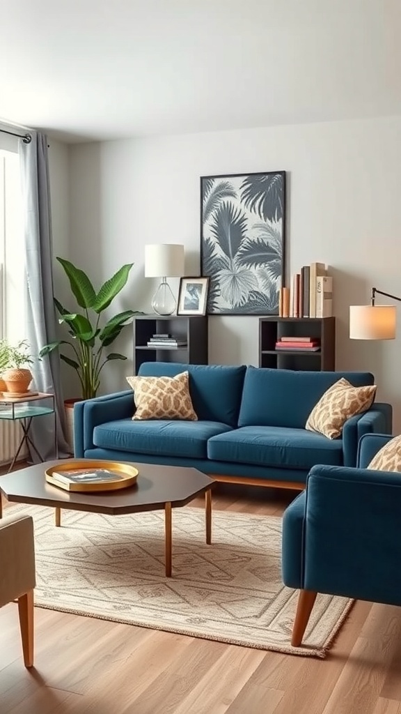 A stylish college living room featuring a blue couch, patterned pillows, a unique coffee table, and decorative plants.