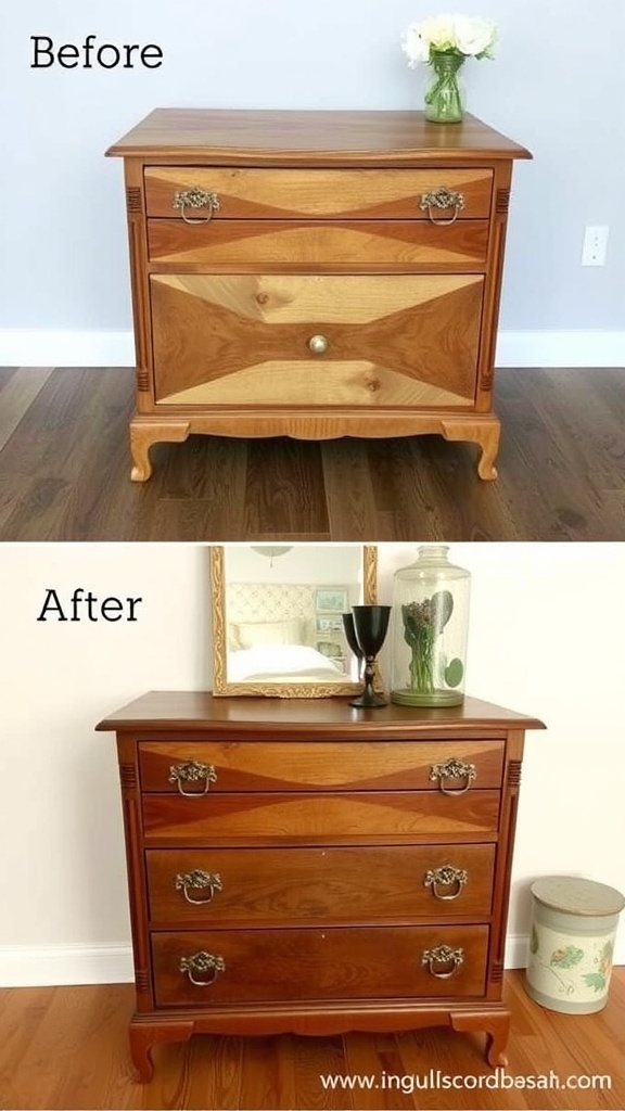 Before and after images of a table makeover showcasing a transformation from dark wood to a stylish white and natural wood finish.