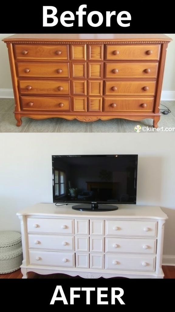 Before and after transformation of a living room with furniture upcycling techniques.