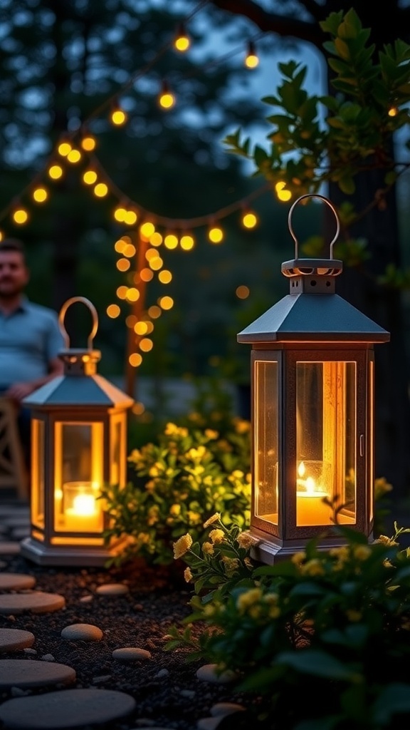 Two glowing garden lanterns surrounded by greenery and string lights in the background.