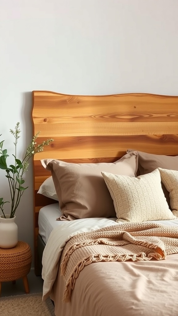 A cozy bedroom featuring a wooden headboard, soft bedding, and a plant beside the bed.