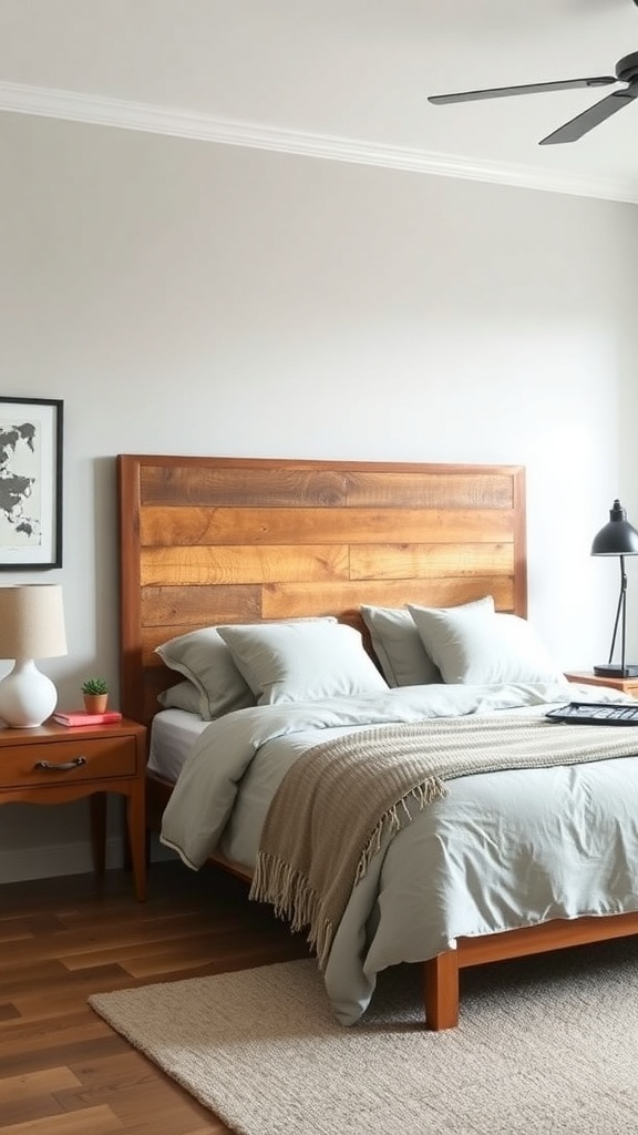 A modern wooden headboard in a cozy bedroom setting