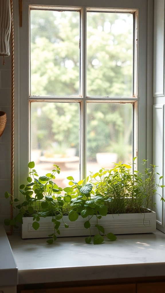 A window sill with a variety of green herbs growing in a planter, bringing freshness to the kitchen.