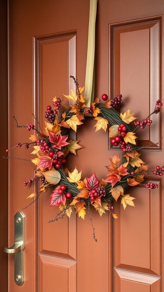 Ein herbstlicher Kranz aus bunten Blättern und roten Beeren hängt an einer braunen Tür.