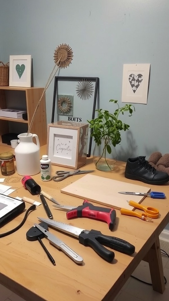 A variety of tools and materials for DIY home decor projects, including scissors, paint, and wooden items.