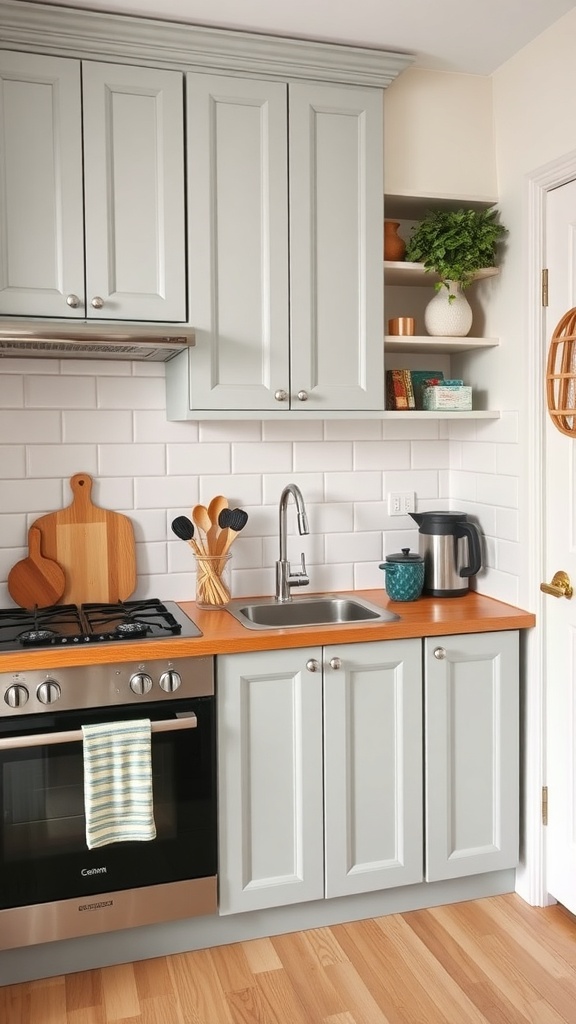 A small kitchen with light gray cabinets, wooden countertop, and modern appliances.