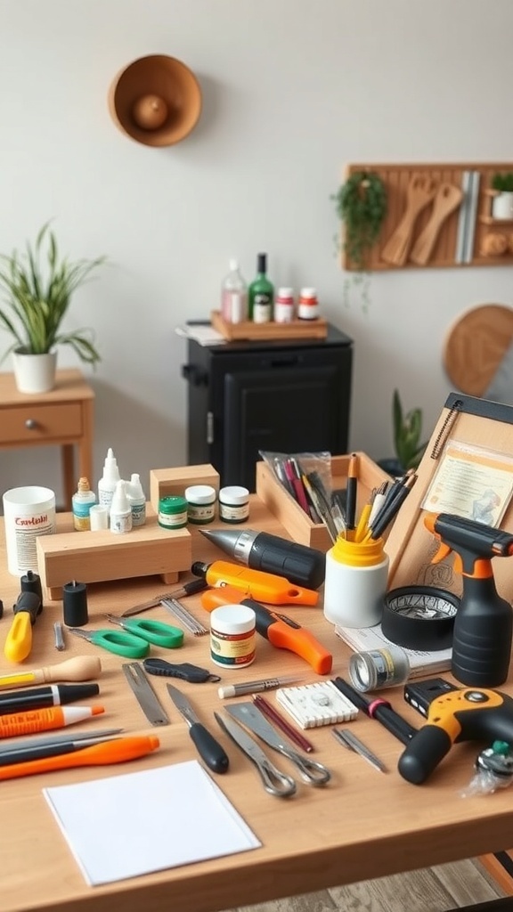 A well-organized DIY toolkit featuring various tools like scissors, glue, and markers on a wooden table.