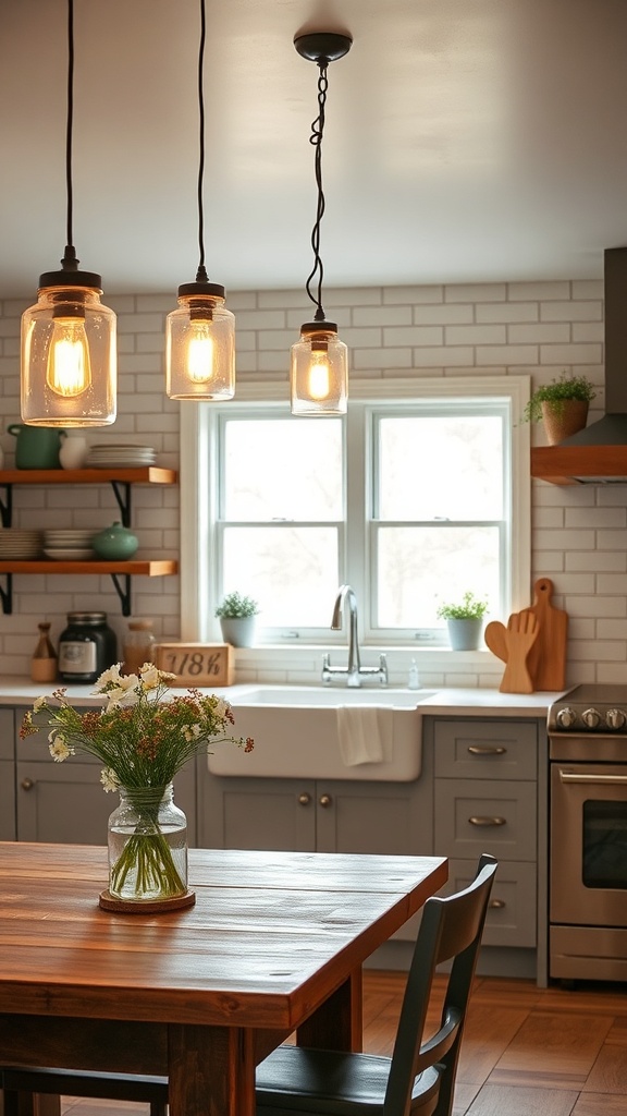 Cozy kitchen with mason jar pendant lights and a wooden dining table