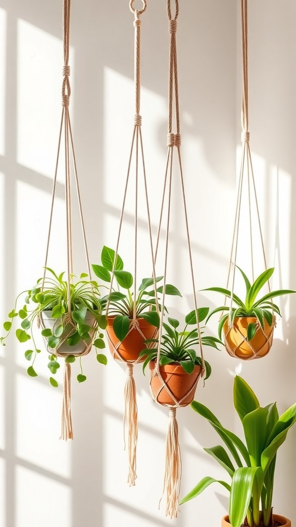 A collection of macrame plant hangers with green plants in terracotta pots, hanging against a bright wall.