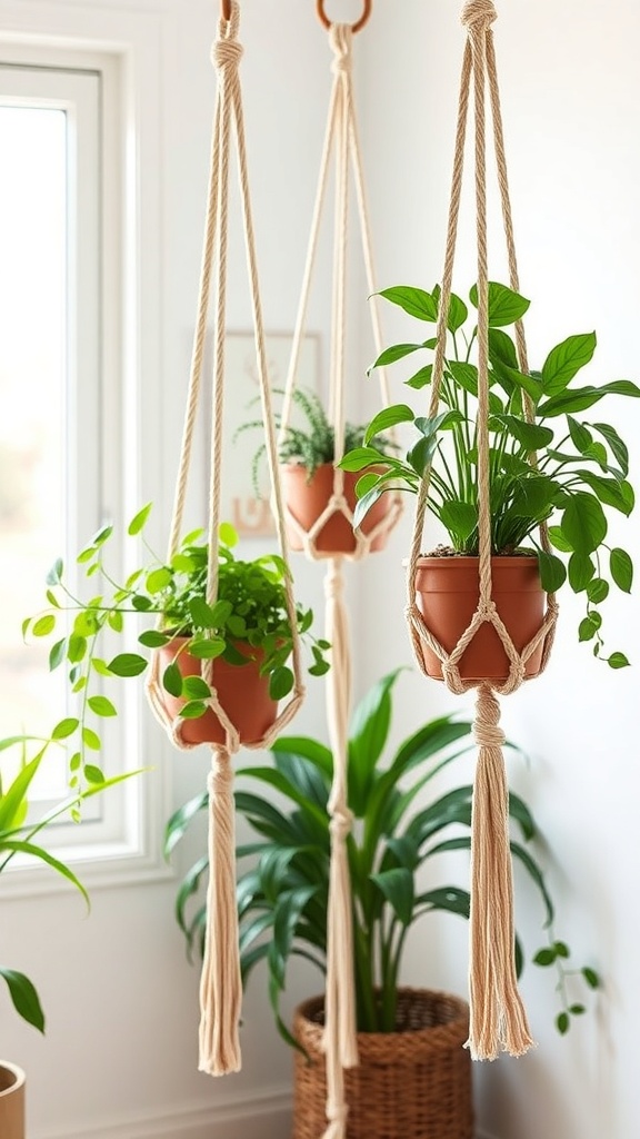 Two macrame plant hangers with green plants in terracotta pots, hanging by a window.