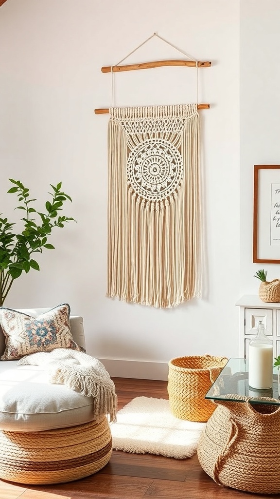 A macrame wall hanging displayed in a stylish living room setting.