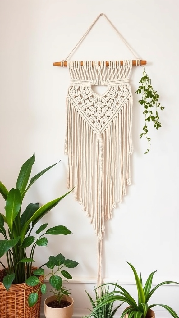 A macrame wall hanging made of beige cord, featuring intricate patterns, hanging from a wooden dowel, surrounded by green plants.
