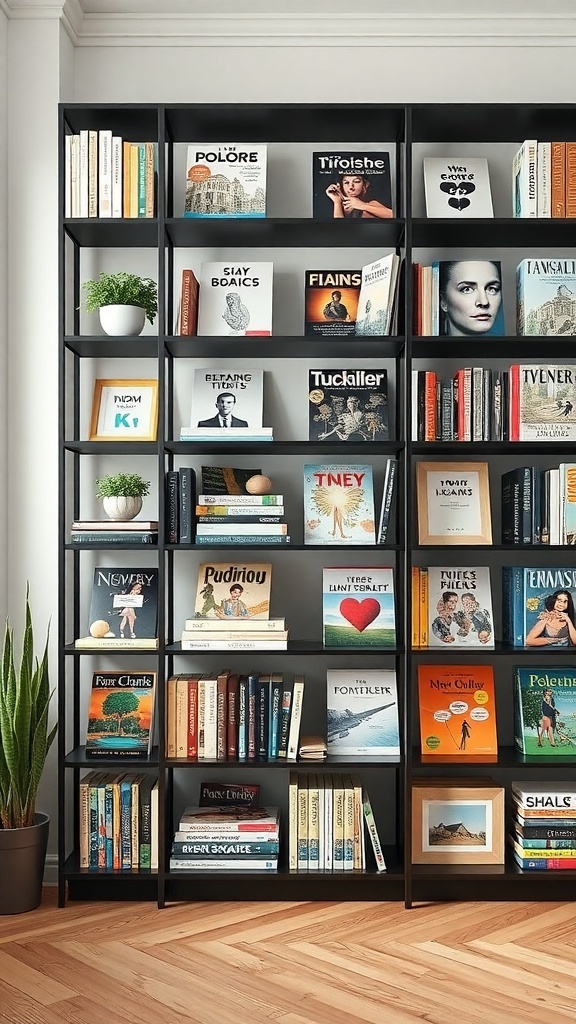 A modern black bookshelf filled with books and magazines, featuring decorative plants.