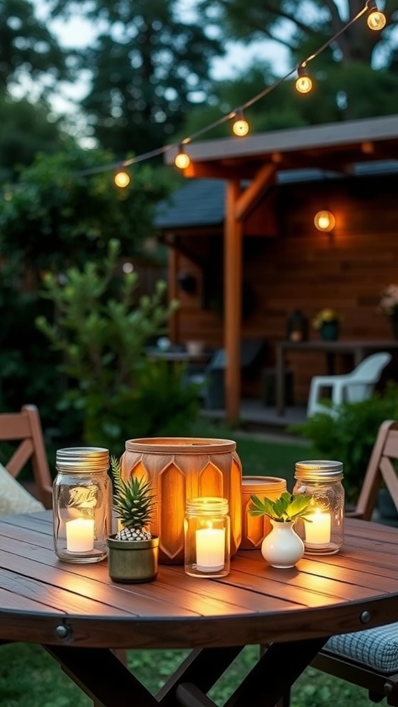 Three mason jar lanterns with candles glowing inside, placed on a wooden table surrounded by flowers.