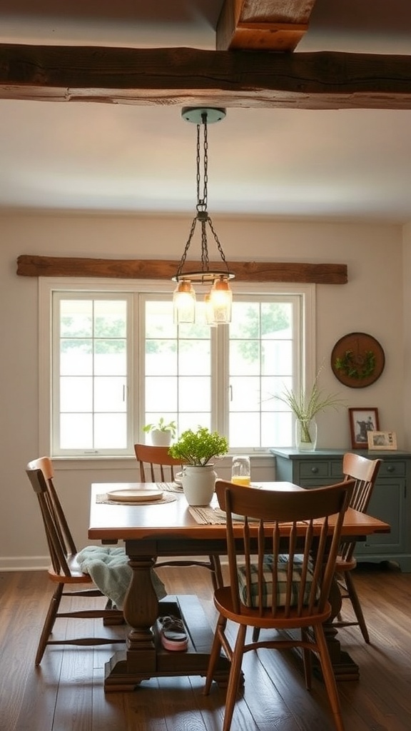 A cozy dining area featuring a mason jar light fixture hanging from the ceiling, illuminating a wooden table and chairs.