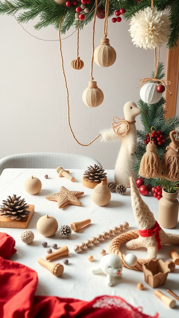 A variety of DIY ornaments and decorations including soft figures, pinecones, and natural elements arranged on a table.