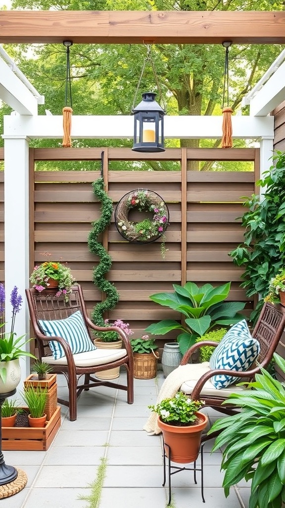 A cozy outdoor patio with wooden slat walls, comfortable chairs, and hanging plants.