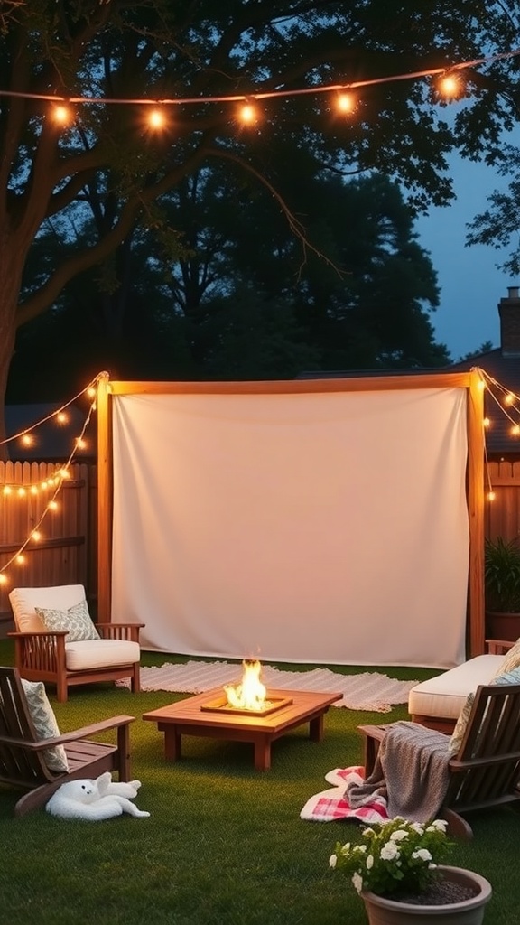 Cozy outdoor cinema setup with a DIY movie screen, string lights, and a fire pit.