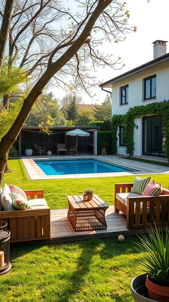 Gemütliche Gartenmöbel aus Holzpaletten mit bunten Kissen und einem Pool im Hintergrund.